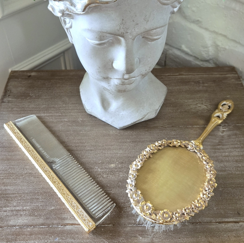Vtg Vermeil Art Nouveau Style Brush & Comb Set, Floral